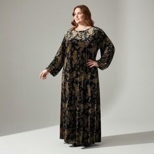Ronni Nicole II Velour Floral Maxi Dress Black Gold 34W Vintage Evening Elegance